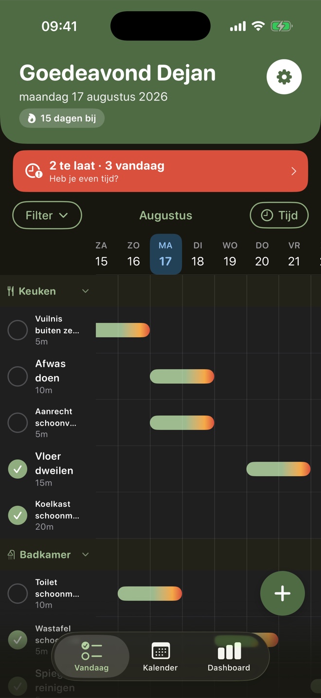 Dezelfde tijdlijn in donkere modus, met de kamers Keuken en Badkamer en dezelfde gekleurde balken op een donkere achtergrond.