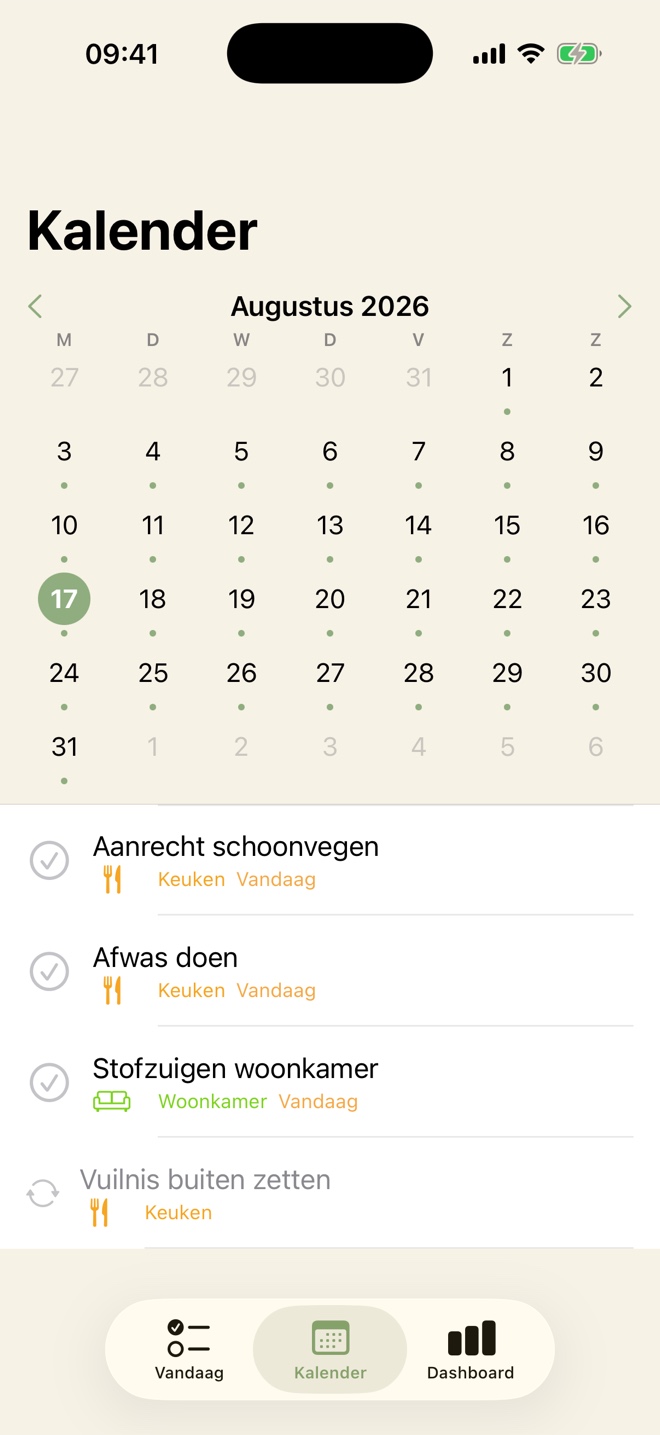 Maandkalender van augustus met stippen op dagen waarop klusjes staan, en daaronder de taken van vandaag.