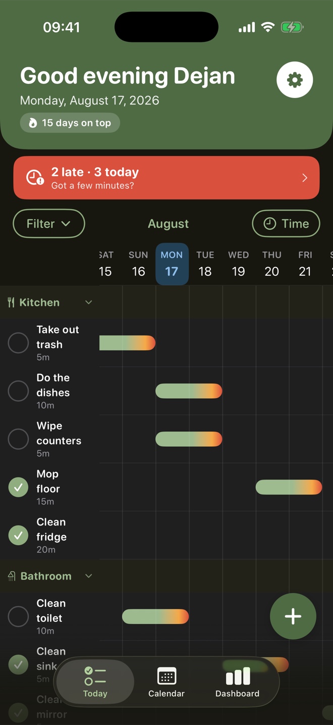 The same timeline in dark mode, showing the Kitchen and Bathroom rooms with the same coloured bars on a dark background.