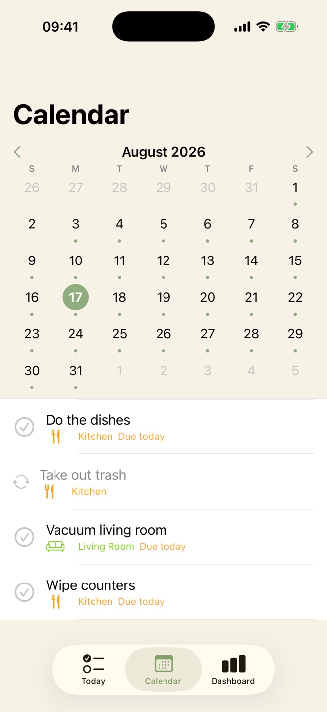Monthly calendar with dots on days that have chores scheduled, and today's tasks listed below.