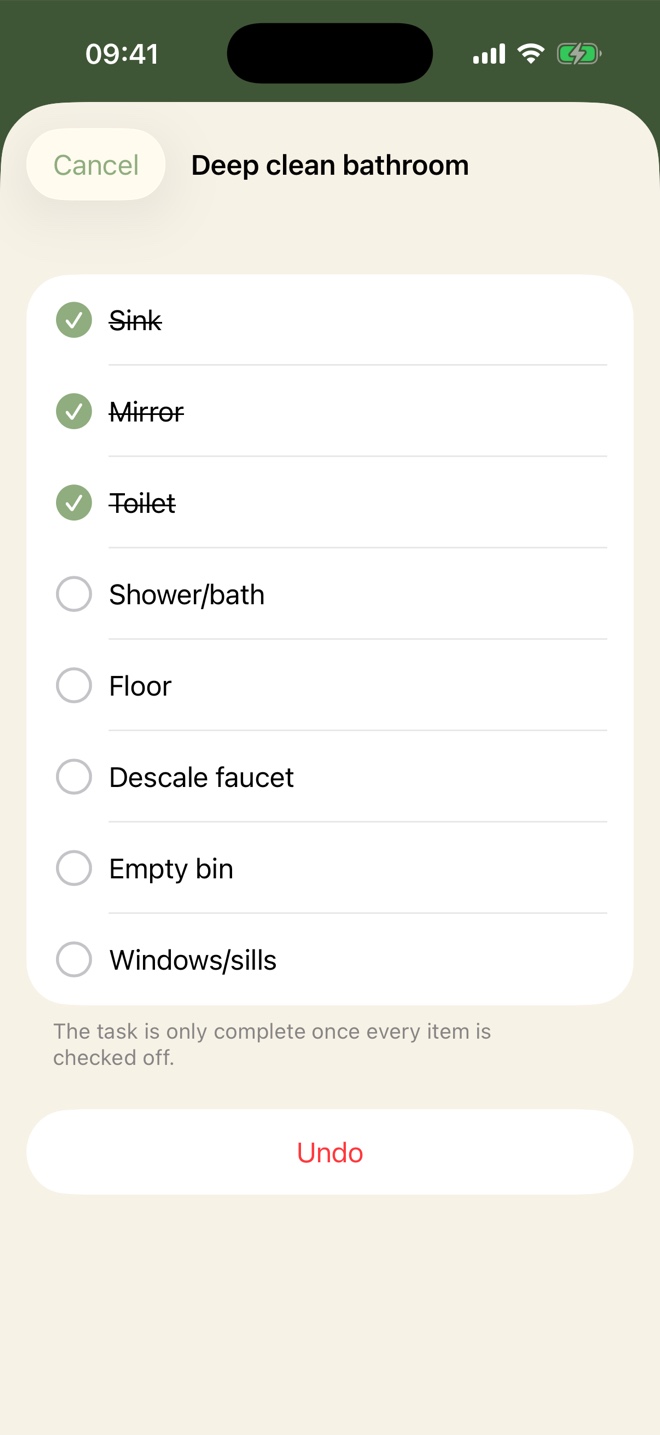 Checklist for a deep bathroom clean with sink, mirror and toilet already ticked off.