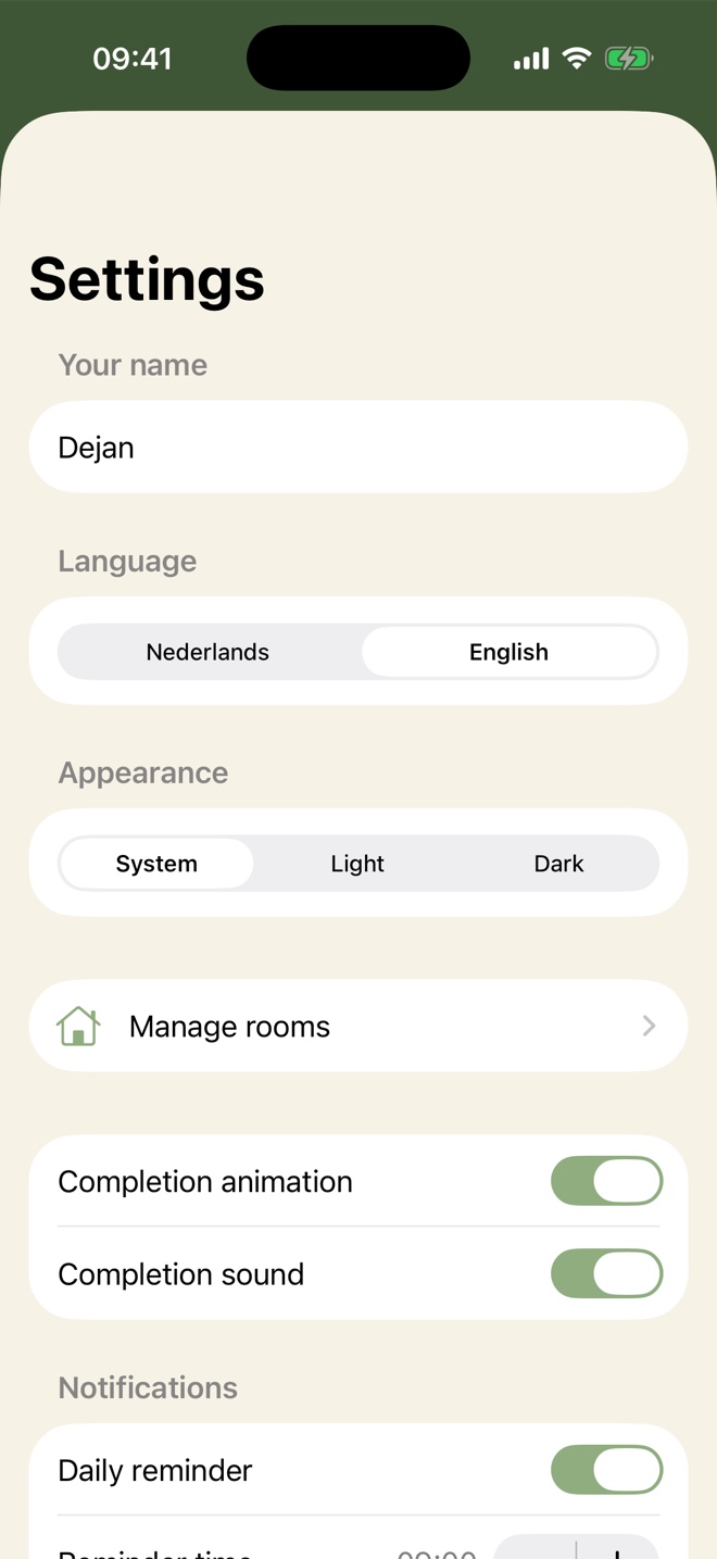 Neat! settings showing your name, a Dutch or English language switch, appearance and notifications.
