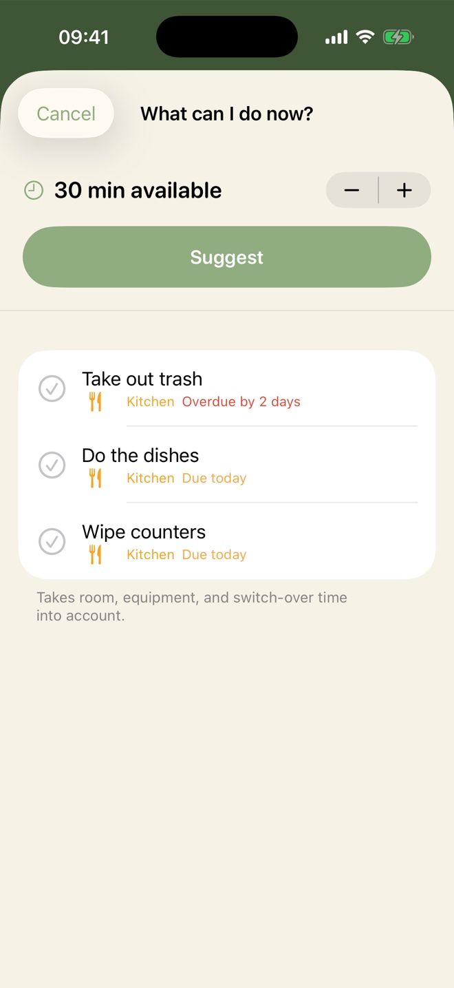 The 'What can I do right now?' screen with 30 minutes available and three suggested kitchen chores.