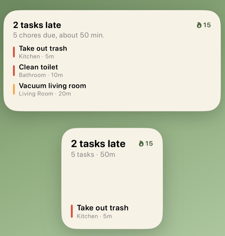 The Neat! widget on a home screen: '2 tasks late', five chores totalling about 50 minutes, with take out trash and clean toilet at the top.