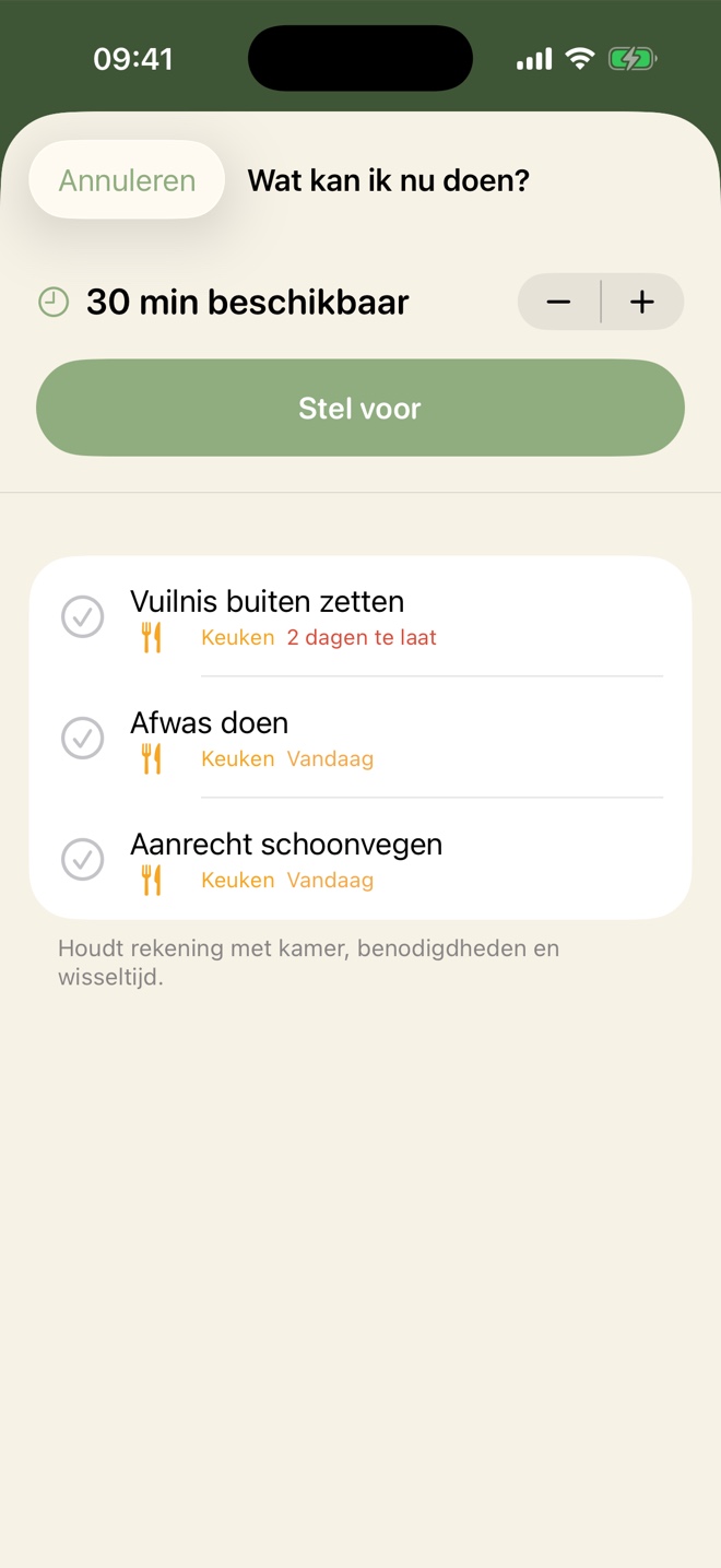 Het scherm 'Wat kan ik nu doen?' met 30 minuten beschikbaar en drie voorgestelde keukenklusjes.