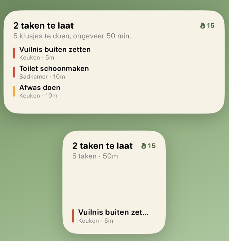 De Neat!-widget op een beginscherm: '2 taken te laat', vijf klusjes van ongeveer 50 minuten, met vuilnis buiten zetten en toilet schoonmaken bovenaan.